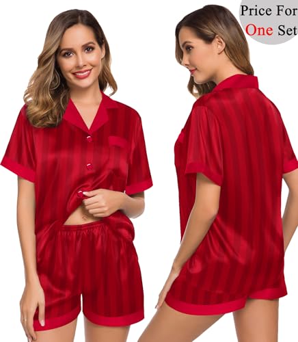 Couples Pajama Set Women & Men Silk Satin Short Sleeve Set Top and Shorts Sleepwear Soft Button-Down Loungewear