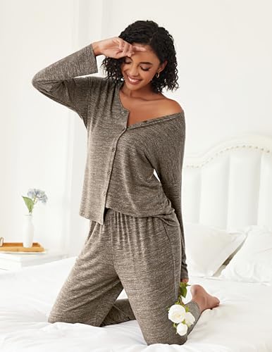 Womens Pajama Sets Button Up Long Sleeve Pjs Soft Lounge Set 2 Piece Sleepwear with Pockets