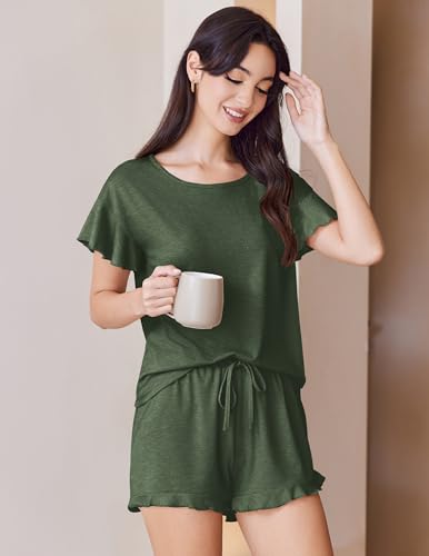Womens Pajama Sets Shorts Ruffle Pajamas Set Soft Summer Pj Set 2 Piece Loungewear Short Sets