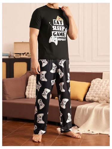Men's 2 Piece Summer Pajama Sets Crew Neck Graphic Tees with Long Pants Loungewear