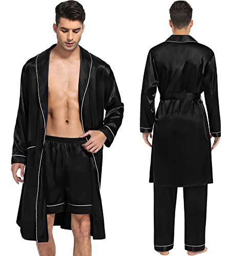 Men's Satin Robe 3 Pcs Silky Kimono Bathrobe Set Lightweight Soft Loungewear Nightwear