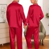 Matching Family Pajamas Set Women & Men & Kids Silk Satin Pjs 2 Pcs Long Sleeve Button Down Sleepwear with 2 Pockets(Men, A-Red,