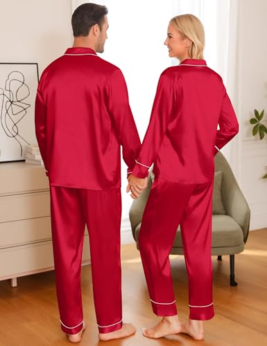 Matching Family Pajamas Set Women & Men & Kids Silk Satin Pjs 2 Pcs Long Sleeve Button Down Sleepwear with 2 Pockets(Men, A-Red,