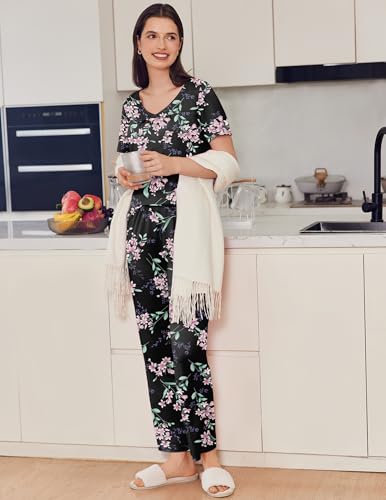 Pajama Sets for Women 2 Pack, Short Sleeve with Long Pant Pjs Sleepwear Comfy Lounge Sets with Pockets