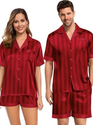 Couples Pajama Set Women & Men Silk Satin Short Sleeve Set Top and Shorts Sleepwear Soft Button-Down Loungewear