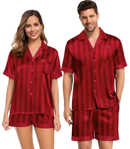Couples Pajama Set Women & Men Silk Satin Short Sleeve Set Top and Shorts Sleepwear Soft Button-Down Loungewear