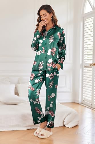 Classic Satin Pajamas for Women Long Sleeve Button Down Sleepwear Soft Silk Loungewear Pjs Set S-XXL