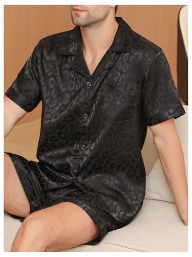 Men's 2 Piece Satin Silk Pajama Sets Leopard Button Down Shirts and Shorts Cheetah Loungewear Sleepwear Pjs