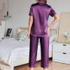 Womens Satin Pajamas Silk Capri Pjs 2 Piece Lounge Sets Short Sleeve Button Down Sleepwear