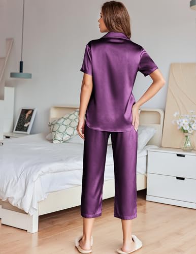 Womens Satin Pajamas Silk Capri Pjs 2 Piece Lounge Sets Short Sleeve Button Down Sleepwear