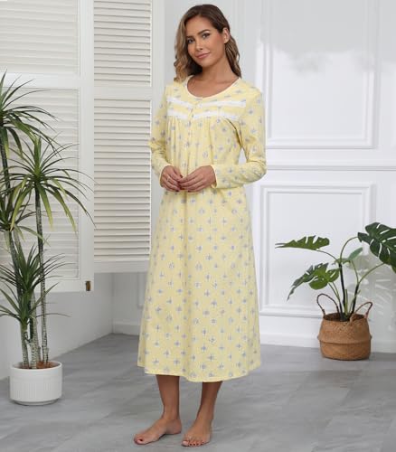 Long Cotton Nightgowns for Women 100% Cotton Night Gown Long Sleeve Ladies Nightgowns Sleepwear Vintage Sleep Dress
