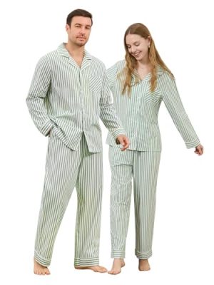 Couple Pajama Sets, Soft Cotton Button-Down Striped Pajamas for Men and Women Long Sleeve Sleepwear with Pockets