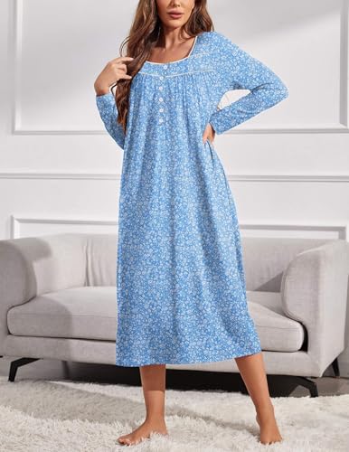 Womens Long Sleeve Nightgowns Long Sleep Shirts Henley Night Shirts Full Length Nightgown