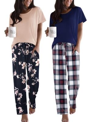 2 Pack Pajamas for Women Set Short Sleeve Sleepwear Top and Pants Pjs Soft Printed Lounge Sets with Pockets