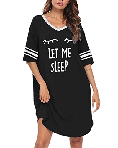 Sleep Shirts for Women Short Sleeve Cotton Novelty Night Shirts V Neck Oversized Nightgowns Cute Printed Nightdress