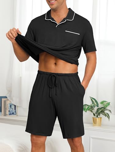 Mens Pajamas Set Summer Pjs Sets Lightweight Short Sleeve Pajama Soft Sleepwear Loungewear with Pockets