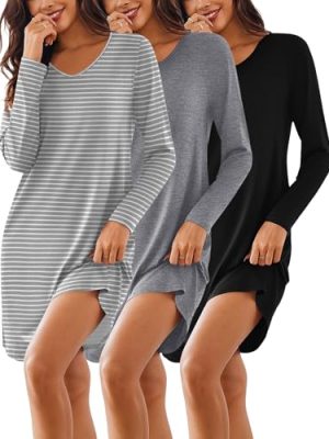 3 Pack Women's Nightgowns Long Sleeve Sleep Shirts Comfy Soft Nightshirt Women Pajama Sleep Dress Cute Sleepwear