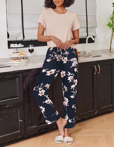 2 Pack Pajamas for Women Set Short Sleeve Sleepwear Top and Pants Pjs Soft Printed Lounge Sets with Pockets