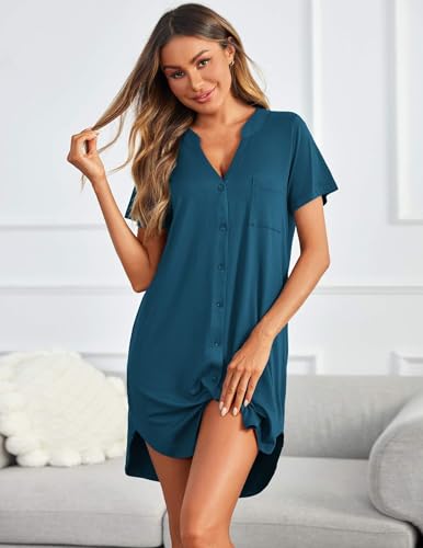 2 Pack Nightgowns for Women Button Down Sleep Shirts V Neck Night Shirts Night Gowns