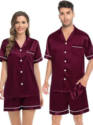 Couples Pajamas Women &Men Silky Satin Sleepwear Short Sleeve Button Down Pj Set Loungewear