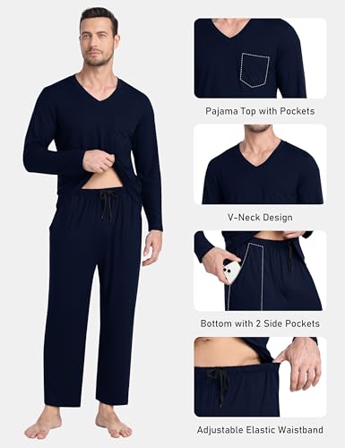 Men's Long Sleeve Pajama Set Soft Lightweight 2-Piece Sleepwear V-Neck Pjs for Nightwear Home Lounge with Pockets
