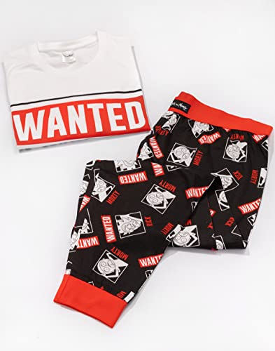 Mens Pajama Set | Wanted Poster Short Sleeve Graphic Tee & Long Leg Print PJs | Sci-fi Comedy Merchandise
