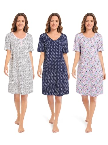 3 Pack Nightgowns for Women Short Sleeve Night Gown Soft Sleep Shirts Women's Sleepwear Print Sleep Dress
