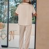 Womens Satin Silky Pajama Set Short Sleeve Shirt with Long Pajama Pant Set Soft PJ Loungewear