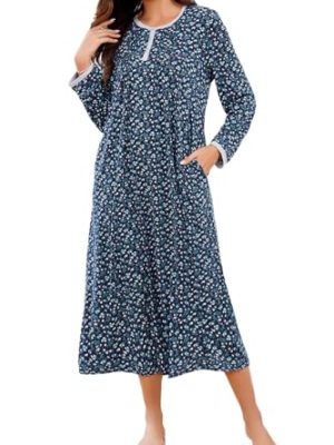 Cotton Nightgowns for Women Soft Long Sleeve Night Gown with Pockets