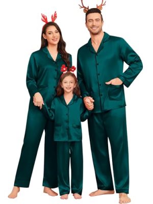 Matching Family Pajamas Set Women & Men & Kids Silk Satin Pjs 2 Pcs Long Sleeve Button Down Sleepwear with 2 Pockets