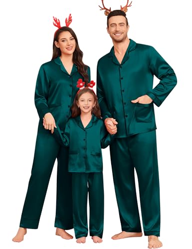 Matching Family Pajamas Set Women & Men & Kids Silk Satin Pjs 2 Pcs Long Sleeve Button Down Sleepwear with 2 Pockets