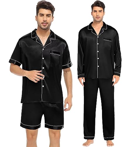 Mens Satin Silk Pajamas Set 3pcs Short Sleeve Sleepwear Silky Button Down Pjs Sets Classic Loungewear Nightwear