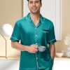 Mens Silk Pajama Set Satin Pjs Short Sleeve Button Down Sleepwear Classic Loungewear Set With Pants S-3XL