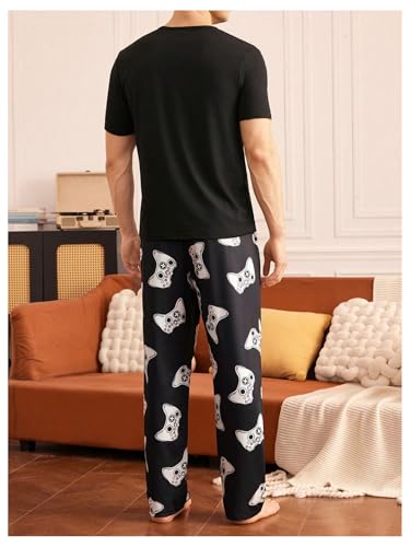 Men's 2 Piece Summer Pajama Sets Crew Neck Graphic Tees with Long Pants Loungewear