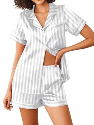 Womens Silk Satin Pajamas Sets 2 Piece Short Sleeve Sleepwear Button Down Top and Shorts Pjs Lounge Wear Sets S-XXL