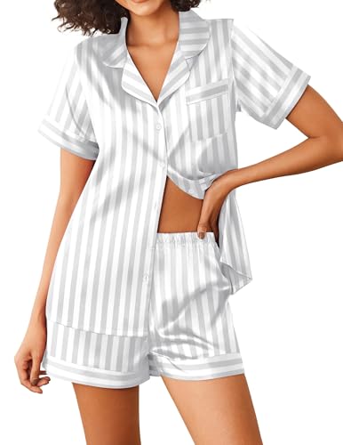 Womens Silk Satin Pajamas Sets 2 Piece Short Sleeve Sleepwear Button Down Top and Shorts Pjs Lounge Wear Sets S-XXL