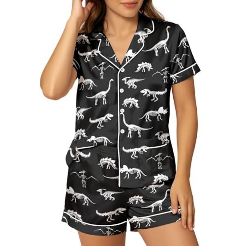 Women’s Silk Satin Pajama Set, Short Sleeve Button Down 2 Piece PJs with Shorts, Cozy Loungewear & Matching Holiday Pajamas