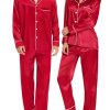 Couples Matching Pajamas Sets Women & Men Silk Satin Long Sleeve Button Down Sleepwear 2 Pcs Classic Loungewear