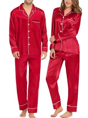 Couples Matching Pajamas Sets Women & Men Silk Satin Long Sleeve Button Down Sleepwear 2 Pcs Classic Loungewear