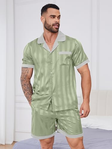 Mens Pajamas Set Satin Silk Pajama For Men Sleepwear Shorts Sexy Nightwear Button Down 2 Piece