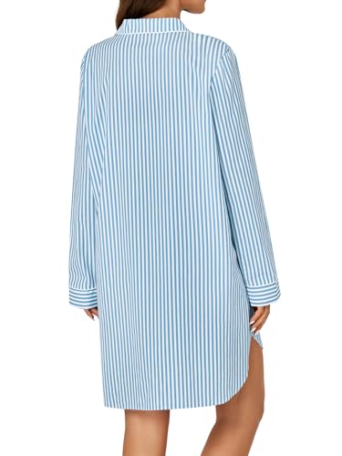 Women's Cotton Striped Nightgown Collar V Neck Long Sleeve Sleep Shirts Nightdress Button Down Nightwear
