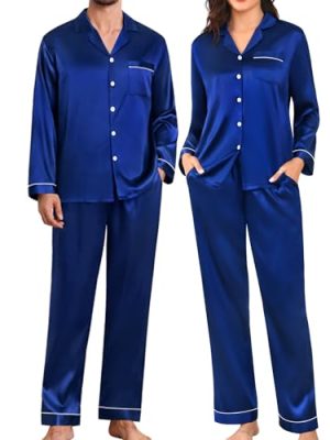 Couples Pajamas Womens &Mens Matching Pajamas Set Silk Satin Pj Set Long Sleeve Button Down Sleepwear 2 Pcs Loungewear