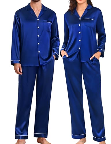 Couples Pajamas Womens &Mens Matching Pajamas Set Silk Satin Pj Set Long Sleeve Button Down Sleepwear 2 Pcs Loungewear
