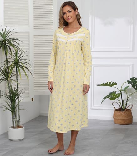 Long Cotton Nightgowns for Women 100% Cotton Night Gown Long Sleeve Ladies Nightgowns Sleepwear Vintage Sleep Dress