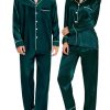 Couples Matching Pajamas Sets Women & Men Silk Satin Long Sleeve Button Down Sleepwear 2 Pcs Classic Loungewear Women Deep Green