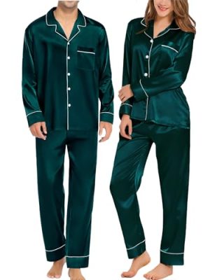 Couples Matching Pajamas Sets Women & Men Silk Satin Long Sleeve Button Down Sleepwear 2 Pcs Classic Loungewear Women Deep Green