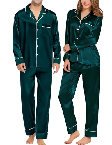 Couples Matching Pajamas Sets Women & Men Silk Satin Long Sleeve Button Down Sleepwear 2 Pcs Classic Loungewear Women Deep Green