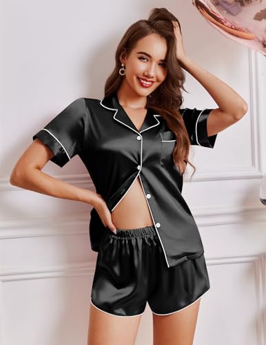 Womens Silk Satin Pajamas Short Sleeve Sleepwear Soft Button Down Loungewear 2 Piece PJS Shorts Set S-5XL