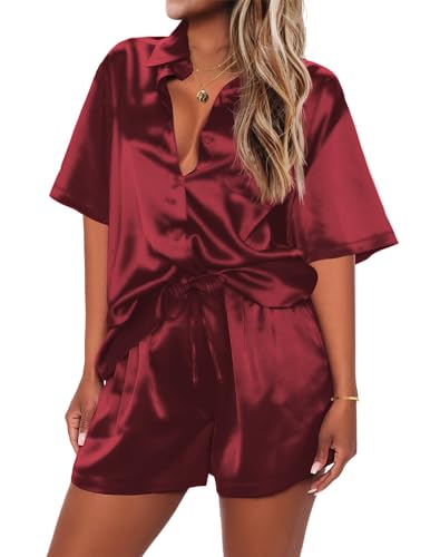 Pajamas for Women Silk Satin Pjs Soft Sleepwear Short Sleeve Button Down Pjs Top and Shorts 2 Piece Lounge Set S-XXL