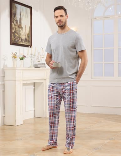 Mens Pajamas Set Cotton Short Sleeve and Plaid Long Pants 2 Piece Loungewear Sleepwear with Pocket
